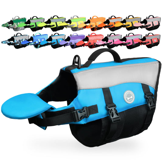 VIVAGLORY Front Float Dog Life Vest, Dog Life Jacket for Swimming & Boating, Swimming Vest with Chin Float & Handle, Ripstop & Buoyancy for Puppy Doggy, M, Blue