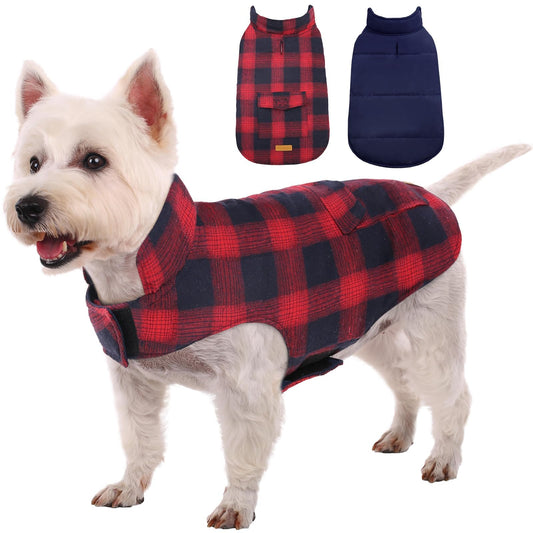 Kuoser Dog Winter Coat, Reversible Dog Jacket, Warm Doggie Coat British Style Puppy Cold Weather Vest, Windproof Pet Clothes Vest for Small Dogs, Red S