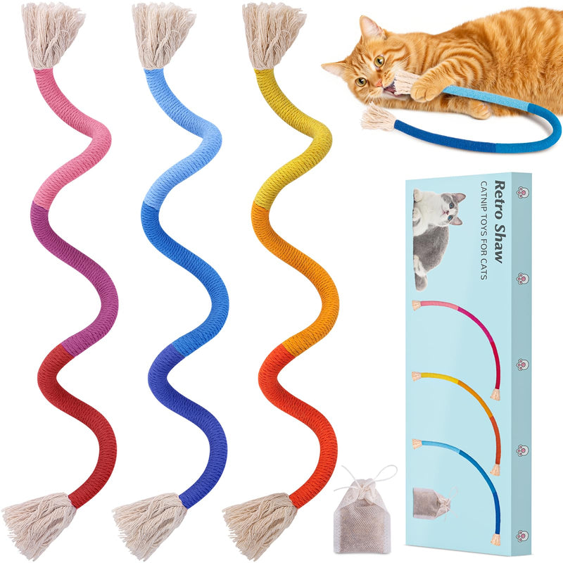 Retro Shaw 3Pcs Cat Chew Ropes with Refillable Natural Catnip, 23.6 Inches Safe Teeth Cleaning Toy for Indoor Kittens Cats, Quiet Interactive Kicker Nip String Toys