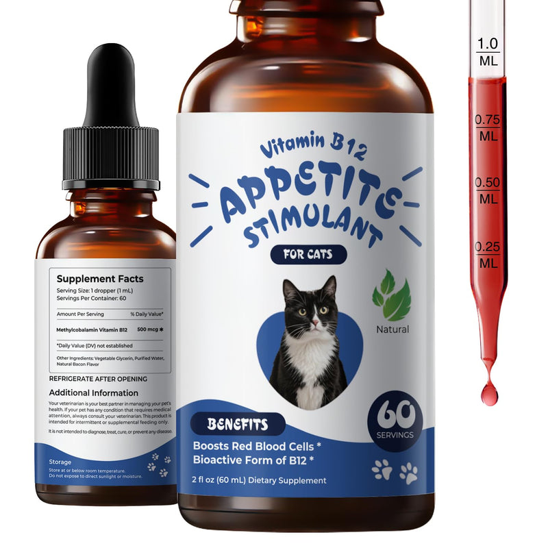 Appetite Stimulant for Cats – Liquid Vitamin B12 Drops, Methylcobalamin(Methyl B12) Cat Supplement, Boosts Appetite, Energy, Mood, Recovery - 2 fl oz (60ml)