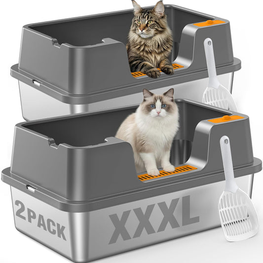 OROLEY 2PACK Stainless Steel Litter Box with High Sides Lid, Extra Large XXXL Litter Box for Big Cats, Metal Kitty Litter Boxes with Anti-Leakage Enclosure,Non-Stick