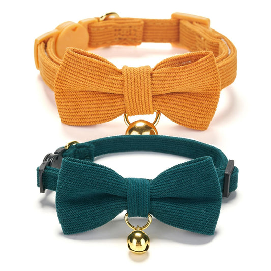 Ewinoom 2 Pack Soft Corduroy Cat Collars with Bow Tie & Bell, Adjustable Breakaway Cotton Kitty Bowtie Collar for Girl Boy Kitten (Orange & Green)