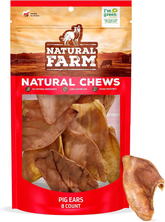 Natural Farm Pig Ears for Dogs (8-Count), One Ingredient: Natural Whole Pigs Ears, Air Dried, Long-Lasting & Highly Dige