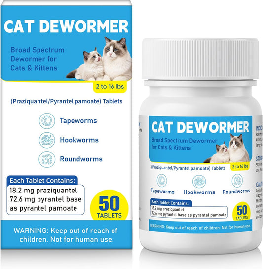 Dewormer for Cat and Kittens, Removal of Tapeworms, Hookworms & Roundworms, 50 Tablets