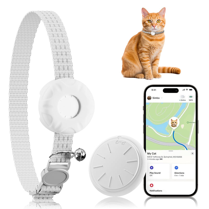 Cat GPS Tracker, Waterproof Pet Tracker for Cats, Cat GPS Tracker Collar with Safety Elastic Buckle, Works with Any Collar,Compatible with Apple Find My App (Only iOS), No Monthly Fee, White