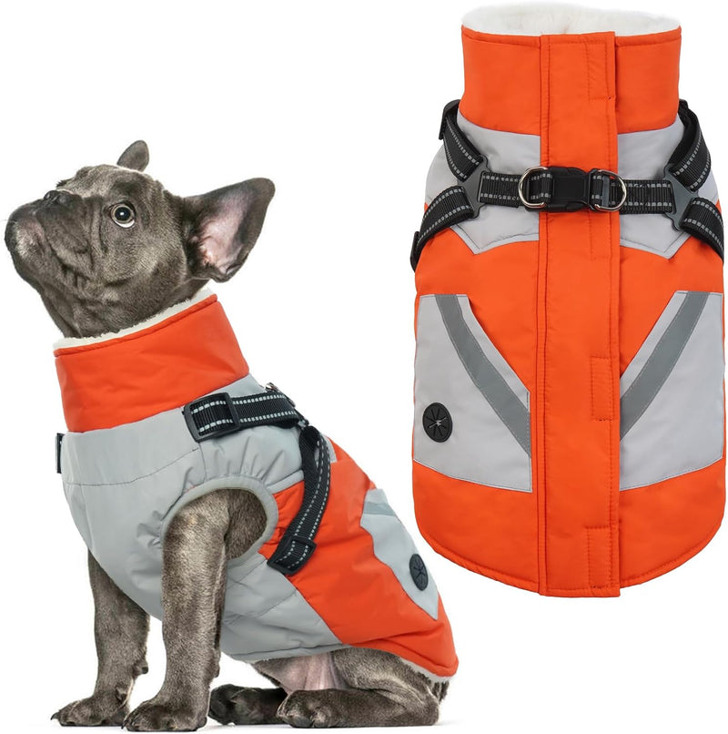 Dog Winter Coat Waterproof - Orange,Medium - Dog Coat with Harness Built in