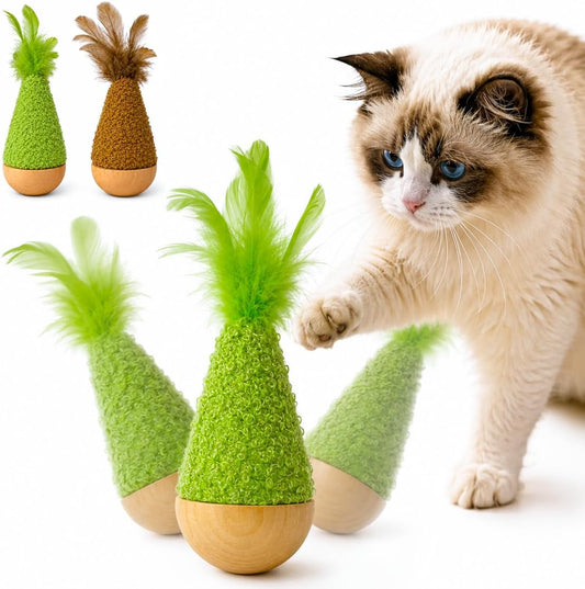 2-Pack Interactive Self-Righting Wobble Cat Toy with Feather, Fluffy Plush Wooden Tumbler for Bored Adult Indoor Cats Si