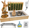 3 in 1 Rabbit Hay Feeder with Litter Box and 2 Bowls, Solid Wood Bunny Feeder Station with Adjustable Metal Hay Rack, Wa