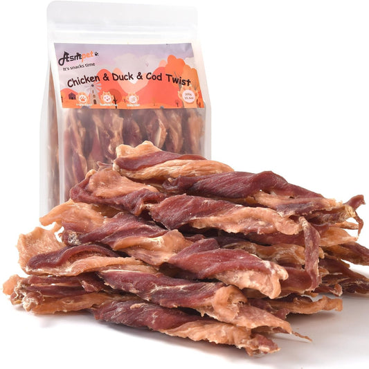 Dog Jerky Treats, Triple Flavor Chicken Duck Cod Jerky Twists