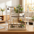 Bird Playground, Natural Wooden Parrot Playstand, Parakeet Playground with Stainless Steel Feeding Cups, Swing, Removabl