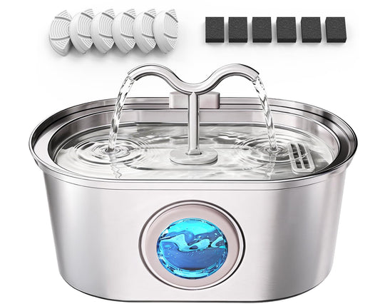 Stainless Steel Cat Water Fountain, 108oz/3.2L Pet Water Fountain for Cats Inside, with Dual Spouts for Multiple Cats, Ultra-Quiet Automatic Dog Water Dispenser, 6 Replacement Filters Included