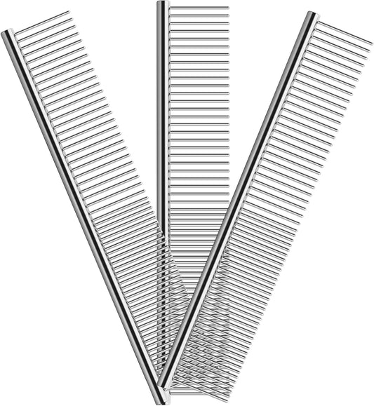 Elfirly 3 Pack Dog Combs for Grooming Matting, Metal Cat Comb with Round Ends, Stainless Steel Pet Grooming Comb for Removing Tangles and Knots for Long and Short Haired Dog (7.4 inches)