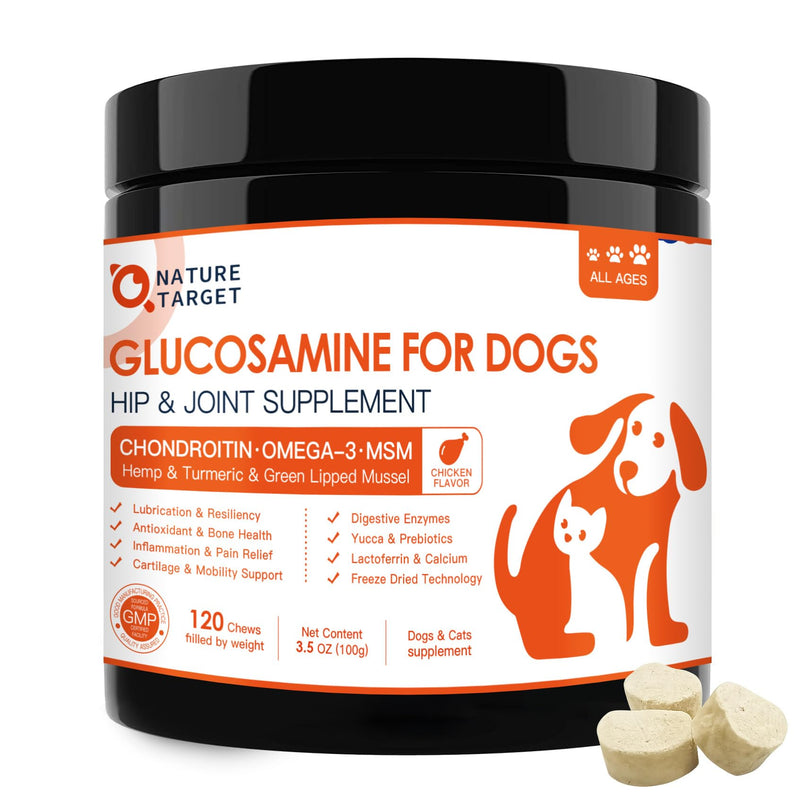 NATURE TARGET Glucosamine Joint Supplement for Dogs, Chondroitin, Omega-3, MSM, Hemp, Turmeric for Pain Relief, Dog Joint Supplement with Calcium for Bone Health, 120 Chicken Flavored Crunchy Chews