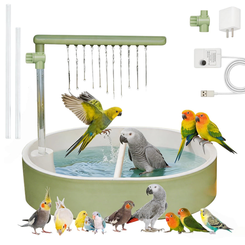 Bird Shower Parakeet Bath for Cage with Adjustable Water Flow Control Valve, Parrot Shower Bath for Budgies with Plug, Automatic Circulating Water Fountain for Pet Bird, Cockatiel, Conure(green pipe)