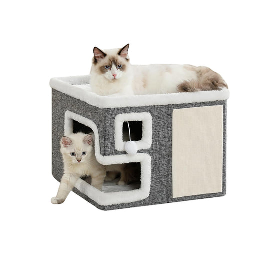 Crispedia Cat Houses for Indoor Cats, Covered Cave Bed with Scratch Pad and Fluffy Ball, Foldable Cat Hideaway Condo for Large Cats, Modern Kitten Bed,16.5x16.5x13 inches (Grey, Large)