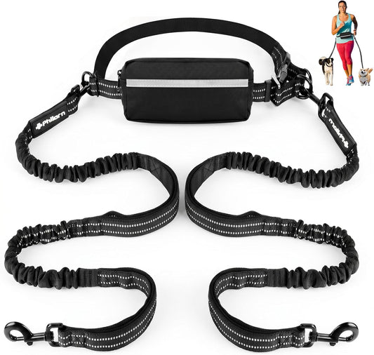 Philorn Hands Free Dog Leash for 2 Dogs, Adjustable Waist Leash for Medium Large Dogs Walking, Running, Jogging, Hiking, Dual Handles and Durable Bungee