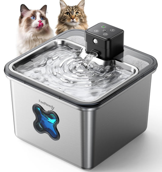Cordless Cat Water Fountain : [Visual Filter] & [Heavy-Duty Stainless Steel] 3.2L/108oz, FEELNEEDY- Premium, Durable Design, 4000mAh Battery Operated Pet Fountain with Sensor, FN-W17 for Cats and Dogs