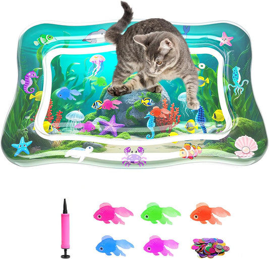 Interactive Cat Toy for Indoor Cats, Upgraded Cat Water Mat, Thickened Water Sensory Play Mat with Fish, Enrichment Stim