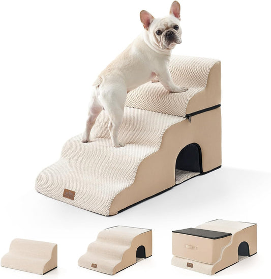 COZY KISS Extra Wide Small Dog Stairs with Tunnel, Pet Step for Bed, Beige