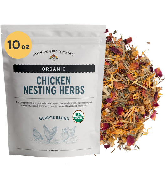 Sassafras & Pumpernickel's Certified USDA Organic Chicken Nesting Herbs (10 oz, Resealable Bag) Aromatic Herbs for Coops and Nest Boxes, nesting herbs for chicken coop, coop refresher for chickens