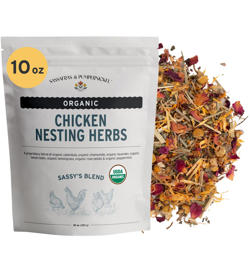 Sassafras & Pumpernickel's Certified USDA Organic Chicken Nesting Herbs (10 oz, Resealable Bag) Aromatic Herbs for Coops and Nest Boxes, nesting herbs for chicken coop, coop refresher for chickens