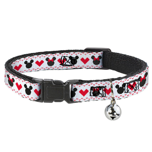 Disney Breakaway Cat Collar with Bell, Plastic Clip, Easy Adjustable, Disney Holiday Mickey and Minnie Mouse Heart Sweater Stitch, 8.5 to 12 Inches 0.5 Inch Wide