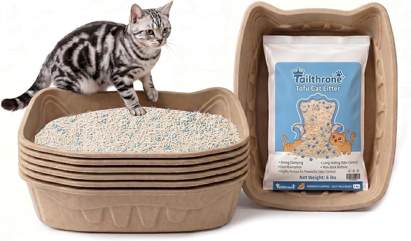 Disposable Cat Litter Box Kit Large, 6 Pack with Tofu Litter