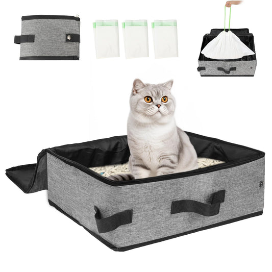 SZEE Travel Litter Box for Cats with Zipped Lid with 3 Pcs Disposable Liner Bags, Easy Cleaning, Suitable for Pets up to 15lbs, Portable Litter Box for Travel, Car, Hotel, Airplane, Camping - Grey