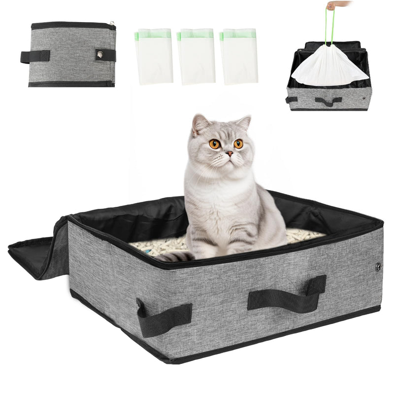 SZEE Travel Litter Box for Cats with Zipped Lid with 3 Pcs Disposable Liner Bags, Easy Cleaning, Suitable for Pets up to 15lbs, Portable Litter Box for Travel, Car, Hotel, Airplane, Camping - Grey