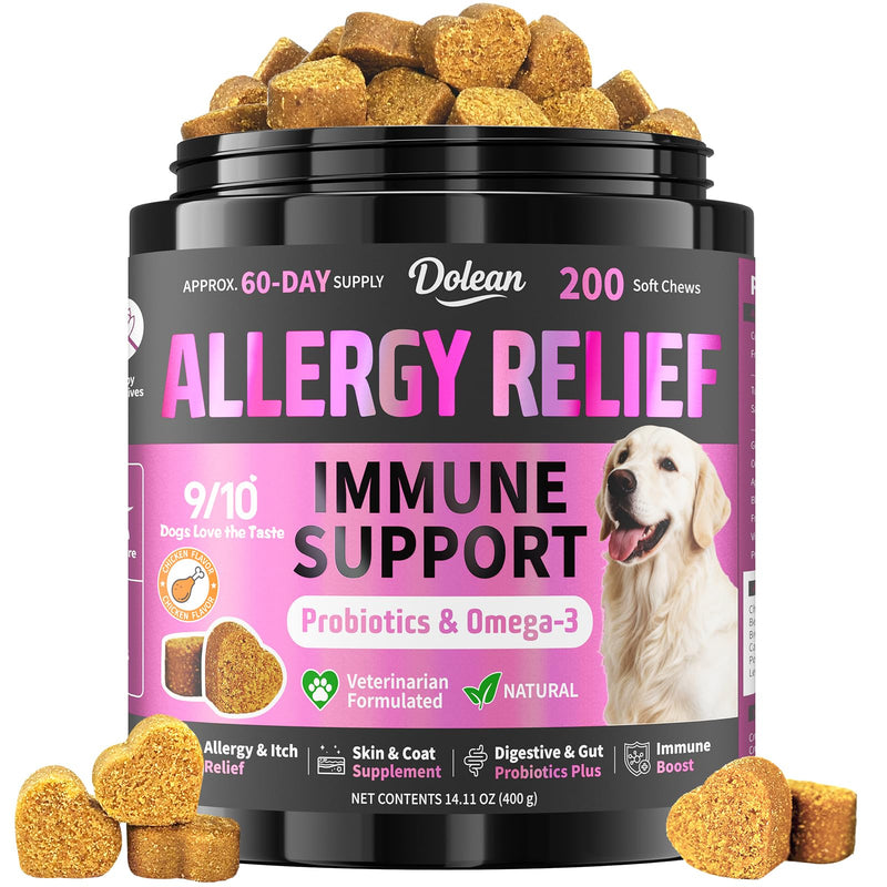 Dog Allergy Chews, Dog Allergy Relief for Itching Skin, Paw Licking, Yeast Relief, Hot Spots, Itchy Ears & Seasonal Allergies, Immune Support– with Colostrum, Probiotics – Chicken Flavor (200ct)