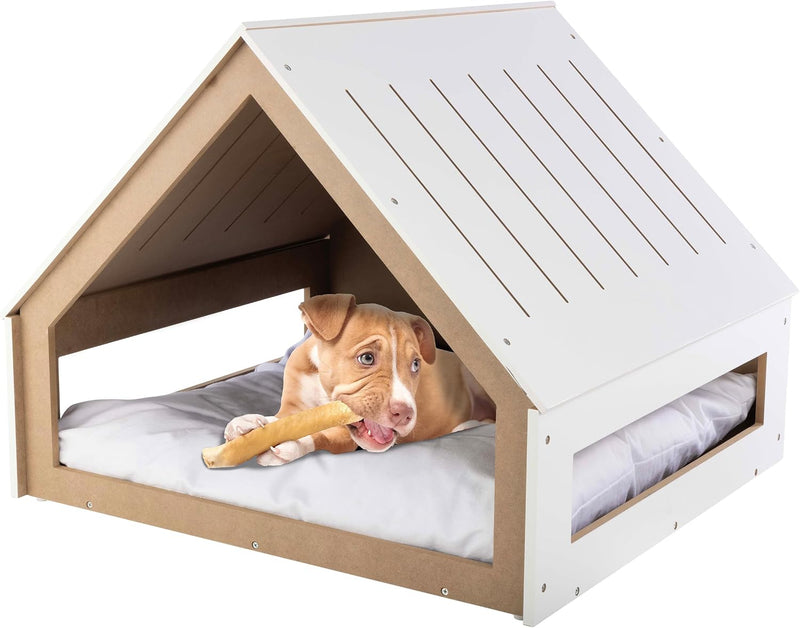 Indoor Dog House Bed - Wood Doghouse with Soft Cushion and Air Vents - 29.5x28x24in Dog Furniture for Small to Medium Pe