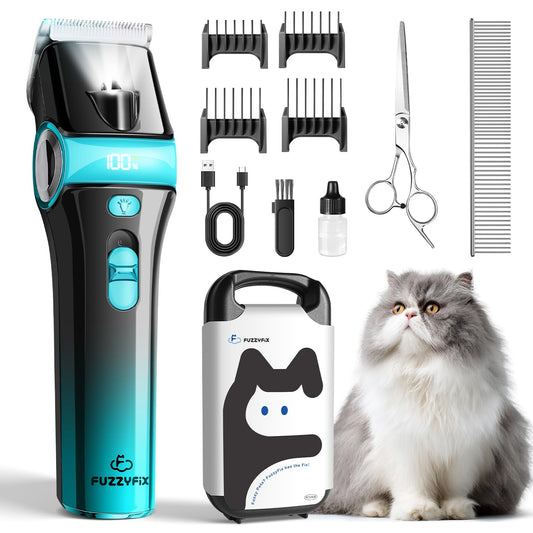 FuzzyFix Cat Clippers for Grooming with 5-in-1 Blade, Cat Grooming Kit Cordless Rechargeable Hair Trimmer Detachable Stainless Steel Blade Pet Shaver for Small Kitty Paw Face Head Body