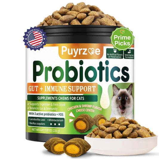 Puyrzoe Cat Probiotics & FOS Chews - Digestive + Gut Support, 500 Crunchy & Creamy Chews, Constipation Relief + Nutrient Absorption + Immune, Daily Probiotics Chews for Cats Kittens (Chicken Shrimp)