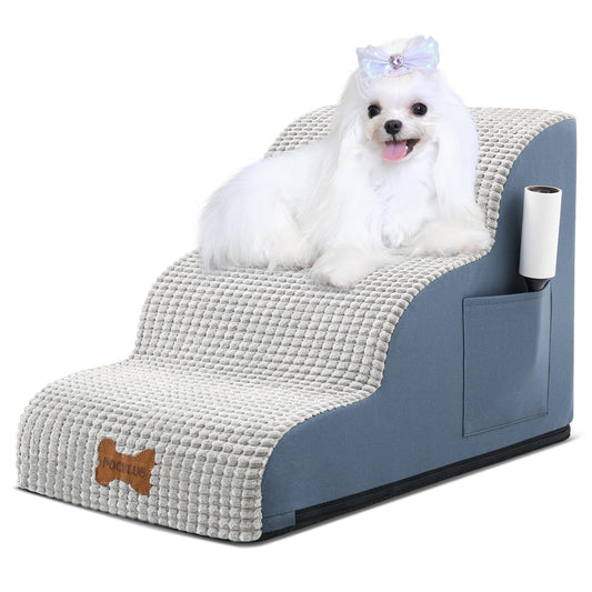 POCBLUE Dog Stairs for Small Dogs 15.7" H, Wide Pet Step for Couch/Sofas/Chairs, Curved Pet Ramps for Small Dogs & Cats with High-Density Foam and Washable Cover, 3-Step, Grey