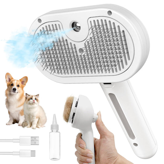 HeroKitty Dog Brush for Shedding, 3 in 1 Self Cleaning Steam Dog Brush - Anti-Static,Cat Steam Brush Removal Comb with Release Button, Grooming Tool for Long and Short Hair Pets, White
