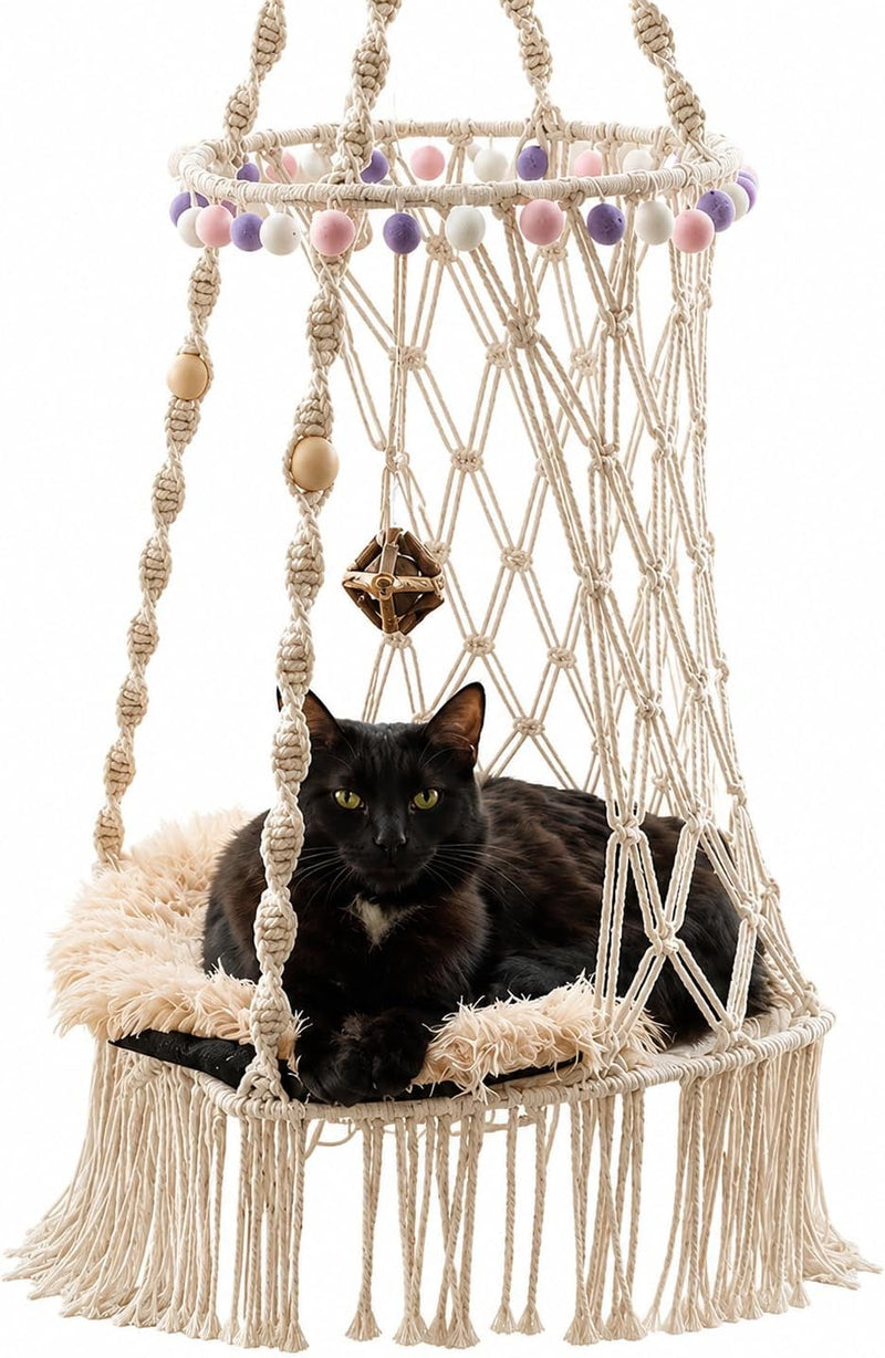 KARCEEY Cat Hammock Macrame Hanging Bed for Large Cats - 50lbs Heavy Duty Cat Swing Wall Mounted Boho Window Perch - Har