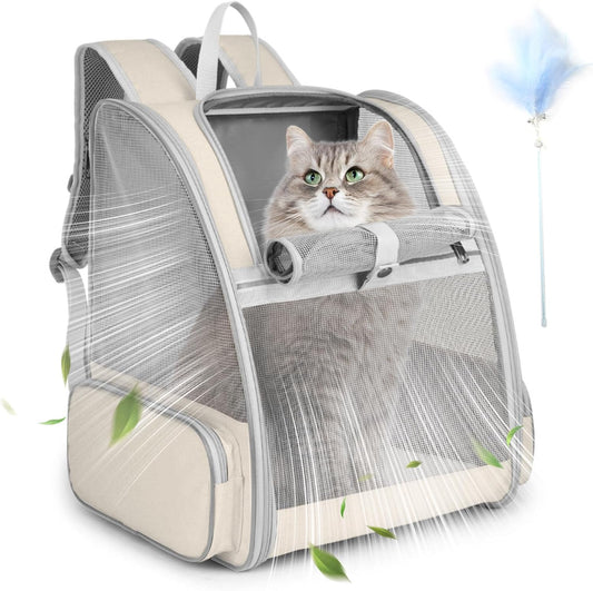 Cat Backpack Carrier, Small Dog Carrier Backpack with Fully Ventilated Mesh, Kitten Wand Feather Toy & Safety Leash, Col