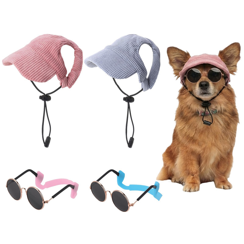 Zhamate 2 Set Medium Dog Baseball Hat with Ear Holes and Pet Sunglasses for Beach, Dog Baseball Cap Puppy Sun Hats for Medium Dogs (Pink, Blue)