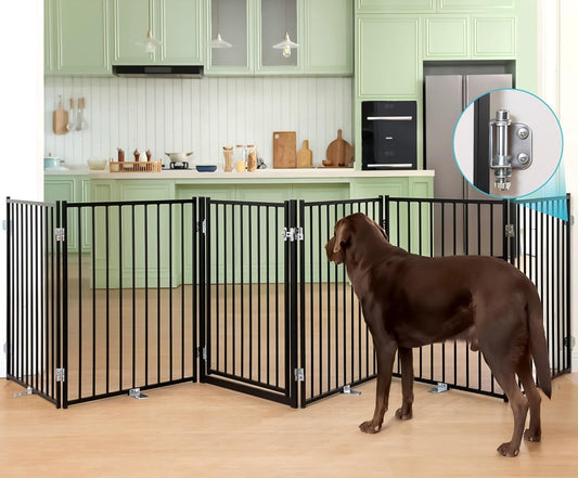 No Pawblems Free Standing Dog Gate with Door, 30'' Tall Foldable Dog Fence for Indoor & Outdoor, Up to 156 Inch Extra Wide Pet Gate for Yard, Deck, Doorways, Stairs, Hallways (Black, 6 Panels)