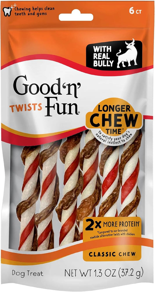 GOOD 'N' FUN Triple Flavor Twists with Bully Chews, High-Protein Dog Treat for All Adult Dogs, Made with Real Chicken, Beef Hide, Pork Hide, Bully & Beef Liver Flavor, 6 Count