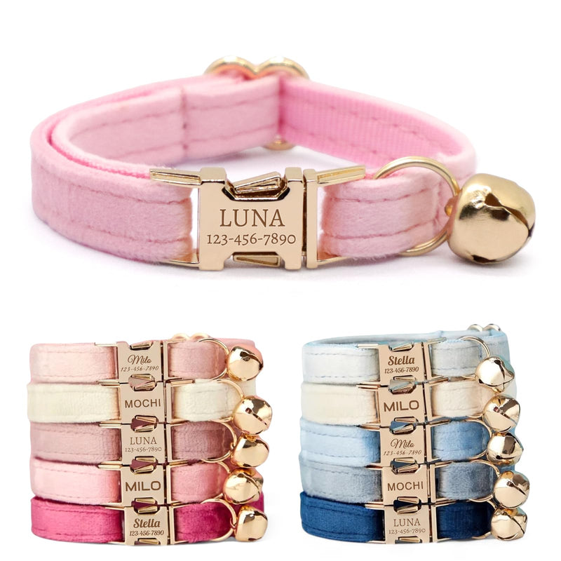 CHRYMPETIC Non-Breakaway Velvet Personalized Cat Collar with Name - Customizable Collar with Bell & Bow Tie Available (Pink)