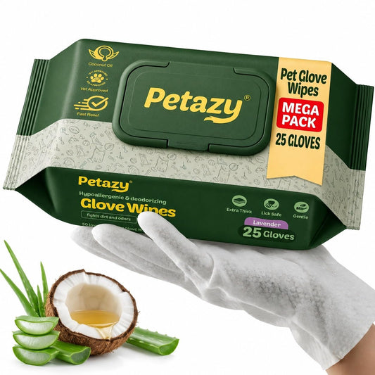 Petazy Pet Glove Wipes for Dogs & Cats – Hypoallergenic Thick Cleaning Gloves with Aloe & Coconut Oil for Paws, Face, Ears & Butt, Instant No Rinse Grooming Wipes to Deodorize and Hydrate, 25 Pack