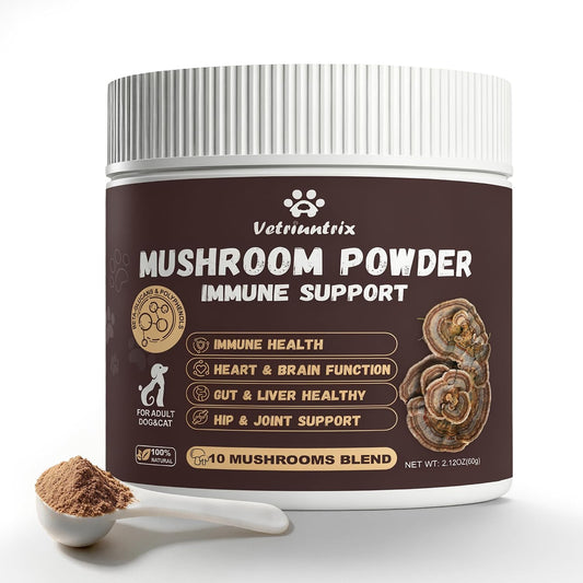 Turkey Tail Mushroom Powder for Dogs, Organic 10 Mushroom Blend for Lipoma Lumps and Bumps, Dog & Cat Herbal Supplements Probiotic with 50% β-Glucan, Joint Gut Immune Skin Support - 60g