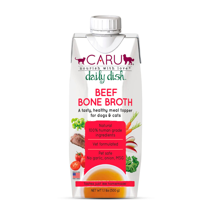 Caru - Daily Dish Beef Bone Broth - Meal Topper for Dogs & Cats - Supports Overall Pet Health - Pour-Over Broth for Wet/Dry Food - Human Grade Ingredients - Non-GMO - Made in USA - 17.6 oz - 1 Pack