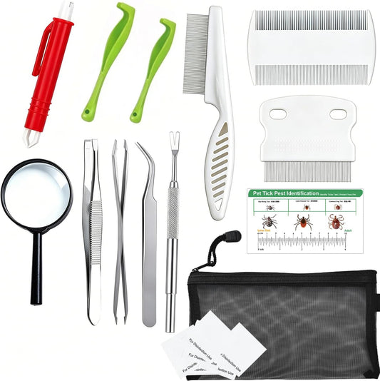 Tick Removal Tool Kit for Humans, Dogs & Cats, 13-in-1 Stainless Steel Tick Remover with Tweezers, Comb & Magnifying Gla