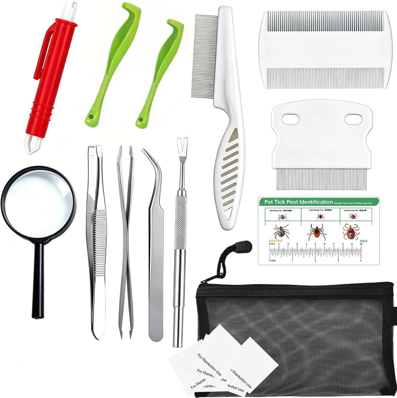 Tick Removal Tool Kit for Humans, Dogs & Cats, 13-in-1 Stainless Steel Tick Remover with Tweezers, Comb & Magnifying Gla