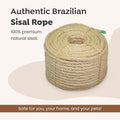 Sisalana Premium Brazilian Sisal Rope, Natural Fiber 100% Sisal, Ultra Durable, Chemical-Free, Ideal for DIY, Cats, Scratching Post Replacement, Home Decor, Garden, Crafting (1/4” 50 ft / 6mm 15m)