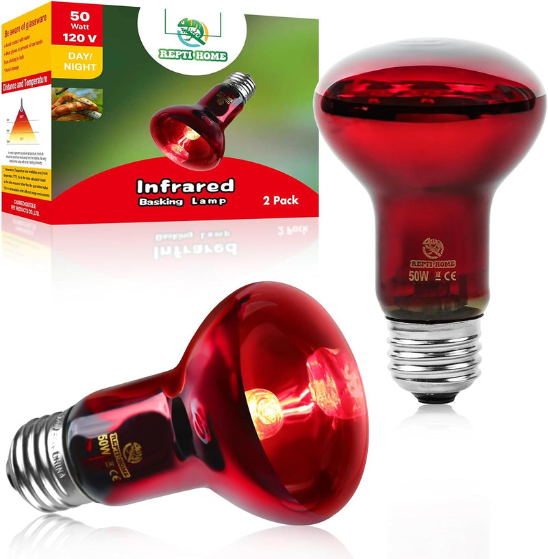 Infrared Reptile Heat Lamp Bulbs,2 PCS 50W Reptiles & Amphibians Infrared Basking Spot Lamp Bulb, Red Heat Emitter Light