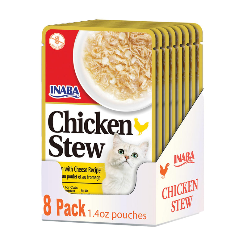 INABA Chicken Stew for Cats, Side Dish/Topper with Vitamin E, 1.4 Ounce Pouch, 8 Pouches Total, Chicken with Cheese Recipe