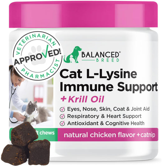 Balanced Breed L-Lysine Cats Immune Support Soft Chews Made in USA Vet-Pharmacist Approved Seasonal Allergy Relief Cat Vitamins Indoor Cats Supplements Krill Oil Asthma Relief Cat Lysine Treats NonGMO